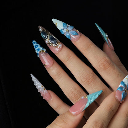 Ocean Flower Press On Nails | Mermaid Beach Nails, Blue Floral Summer Vacation Nails, Luxury Handmade Nail Set  JB440UG