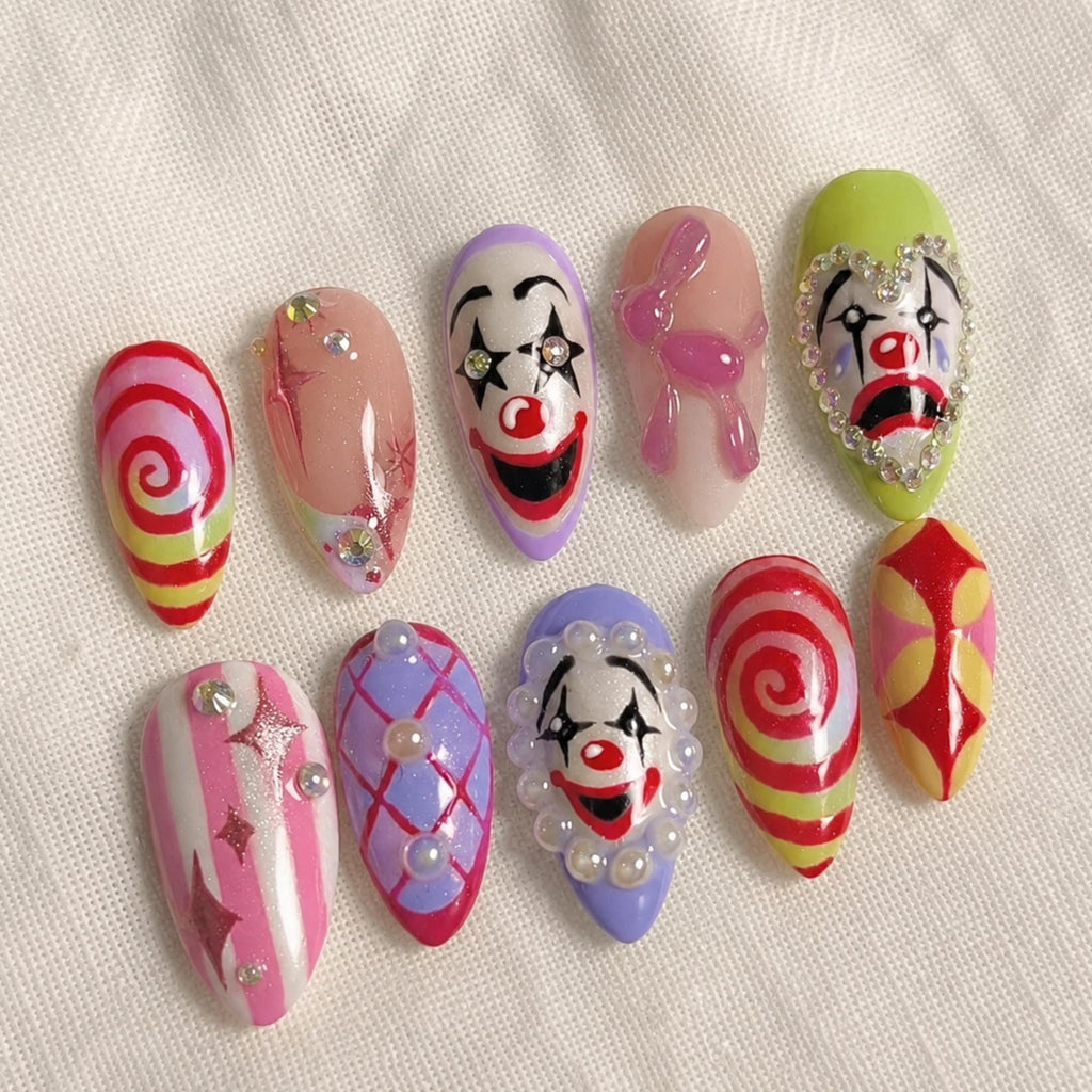Kawaii Clown Press On Nails | Creepy Cute Circus Nails | Handmade Harlequin Nail Art