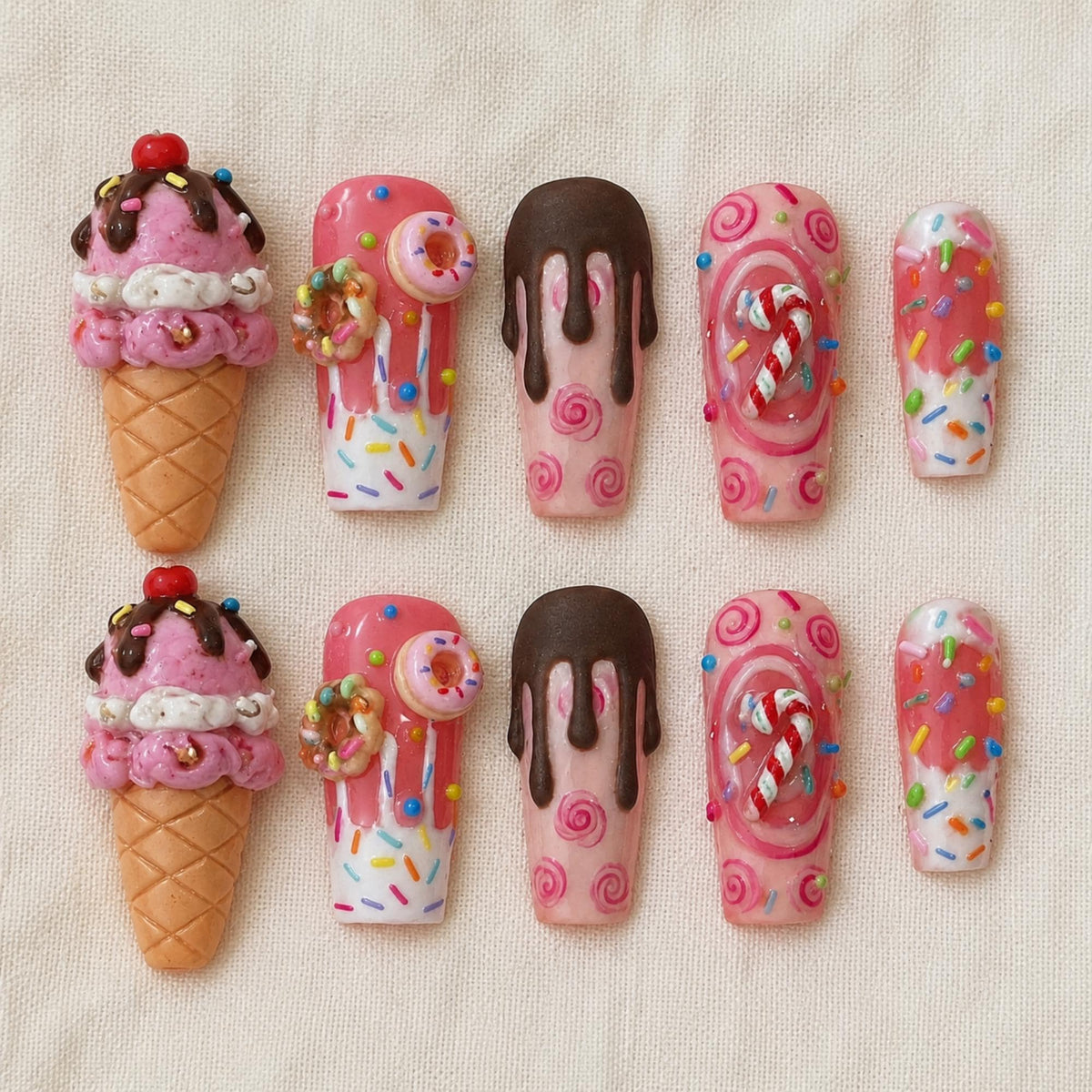 3D Ice Cream Press On Nails, Kawaii Dessert Nail Set, Handmade Pink Sweet Sprinkle Nails