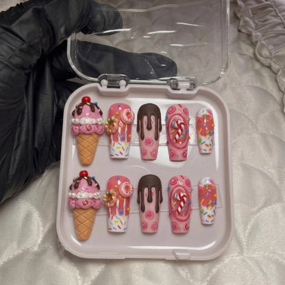 3D Ice Cream Press On Nails, Kawaii Dessert Nail Set, Handmade Pink Sweet Sprinkle Nails
