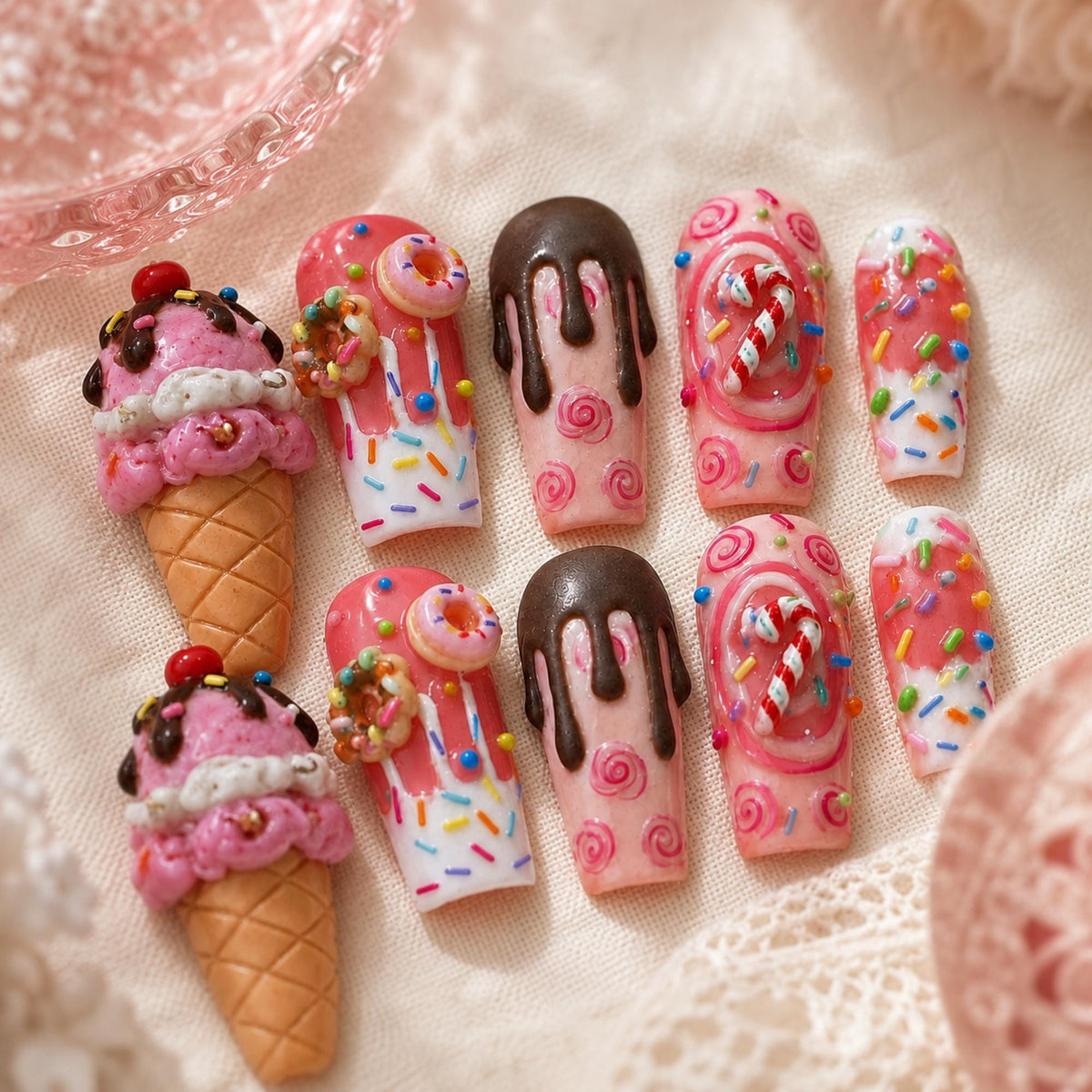 3D Ice Cream Press On Nails, Kawaii Dessert Nail Set, Handmade Pink Sweet Sprinkle Nails