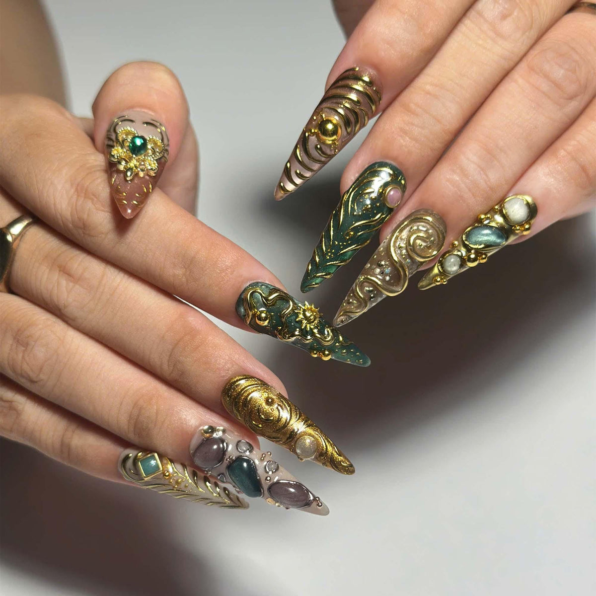 Emerald Jewelry Press On Nails | Gold Chrome Gemstone Nail Set | Ornate Baroque Fantasy Nails | Luxury Handmade Nails | JB457JG
