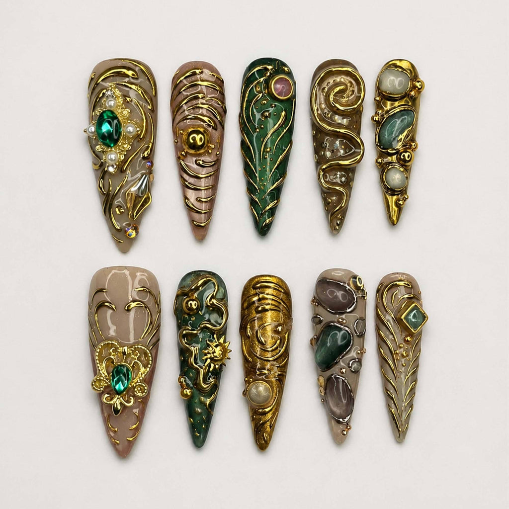 Emerald Jewelry Press On Nails | Gold Chrome Gemstone Nail Set | Ornate Baroque Fantasy Nails | Luxury Handmade Nails | JB457JG