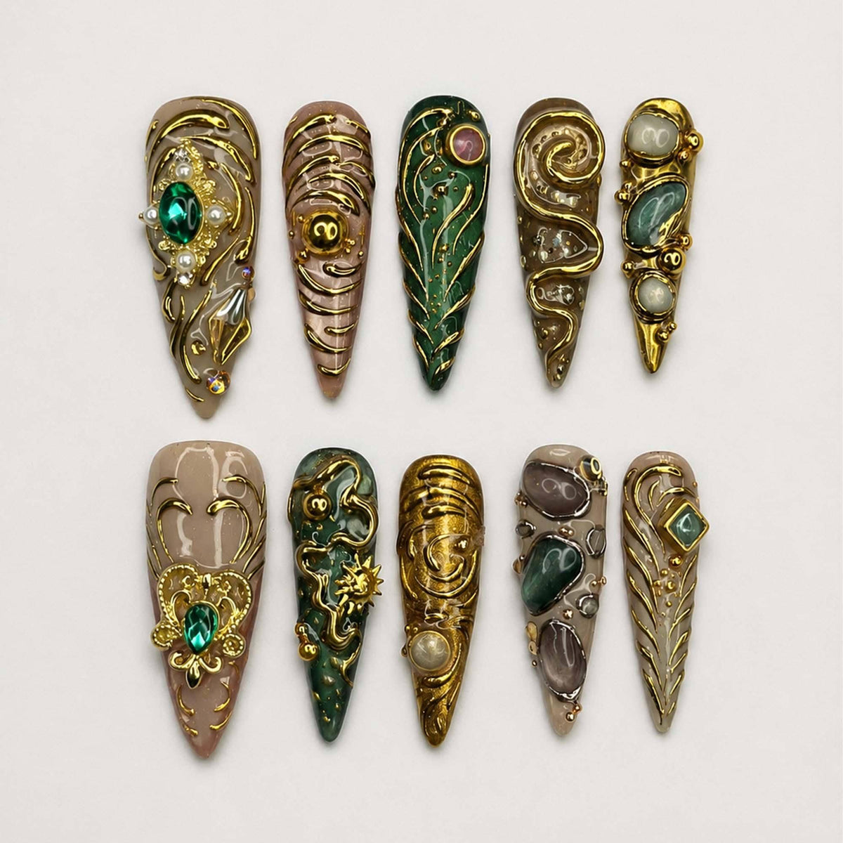 Emerald Jewelry Press On Nails | Gold Chrome Gemstone Nail Set | Ornate Baroque Fantasy Nails | Luxury Handmade Nails | JB457JG