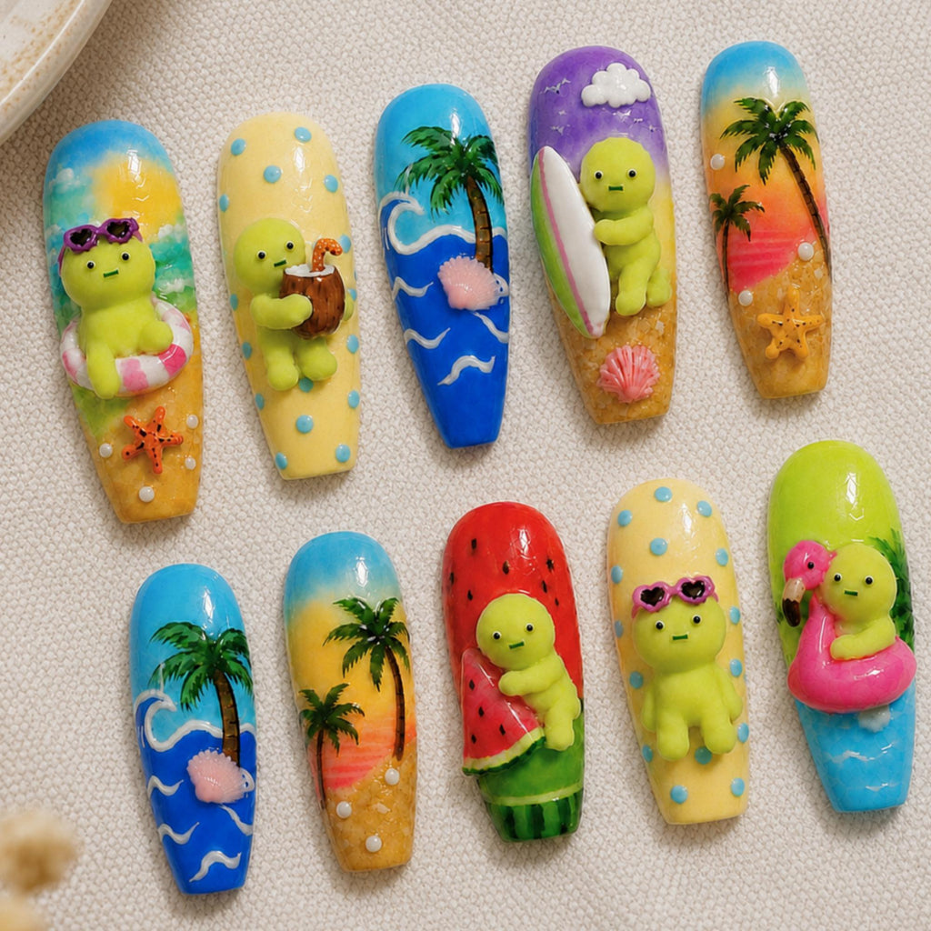3D Character Summer Press On Nails, Beach Kawaii Nail Set, Custom Japanese Nail Art