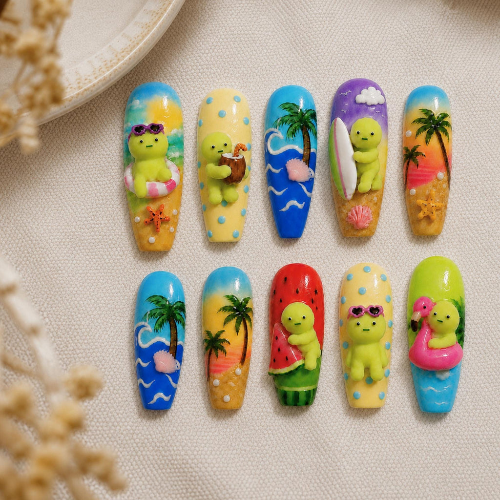3D Character Summer Press On Nails, Beach Kawaii Nail Set, Custom Japanese Nail Art