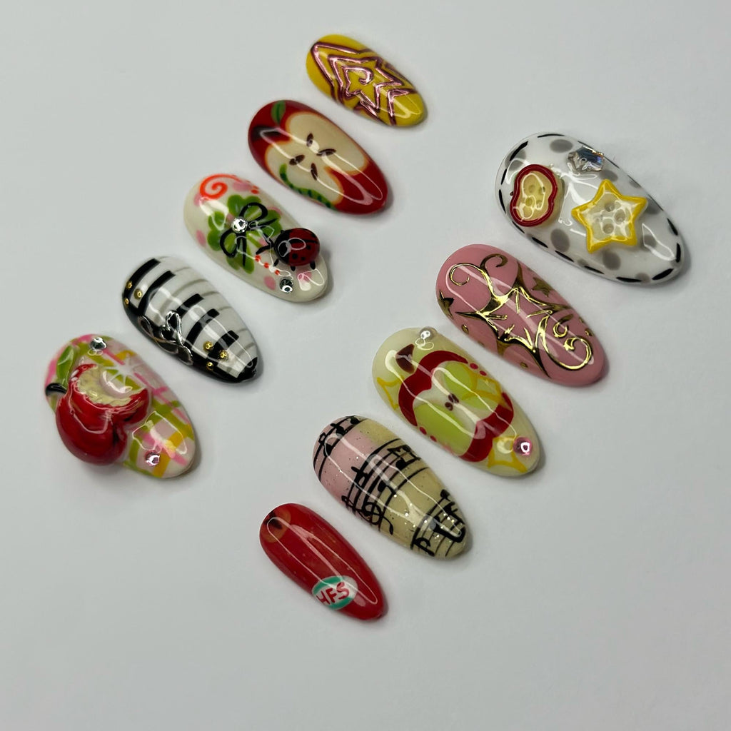 Kawaii Apple Press On Nails | Music Note Nails, Ladybug Clover Nails, Cute Storybook Nail Set, Handmade Gift for Women  JB441L