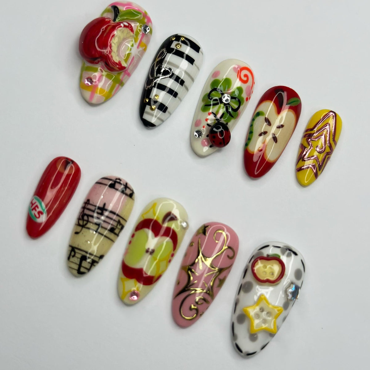 Kawaii Apple Press On Nails | Music Note Nails, Ladybug Clover Nails, Cute Storybook Nail Set, Handmade Gift for Women  JB441L
