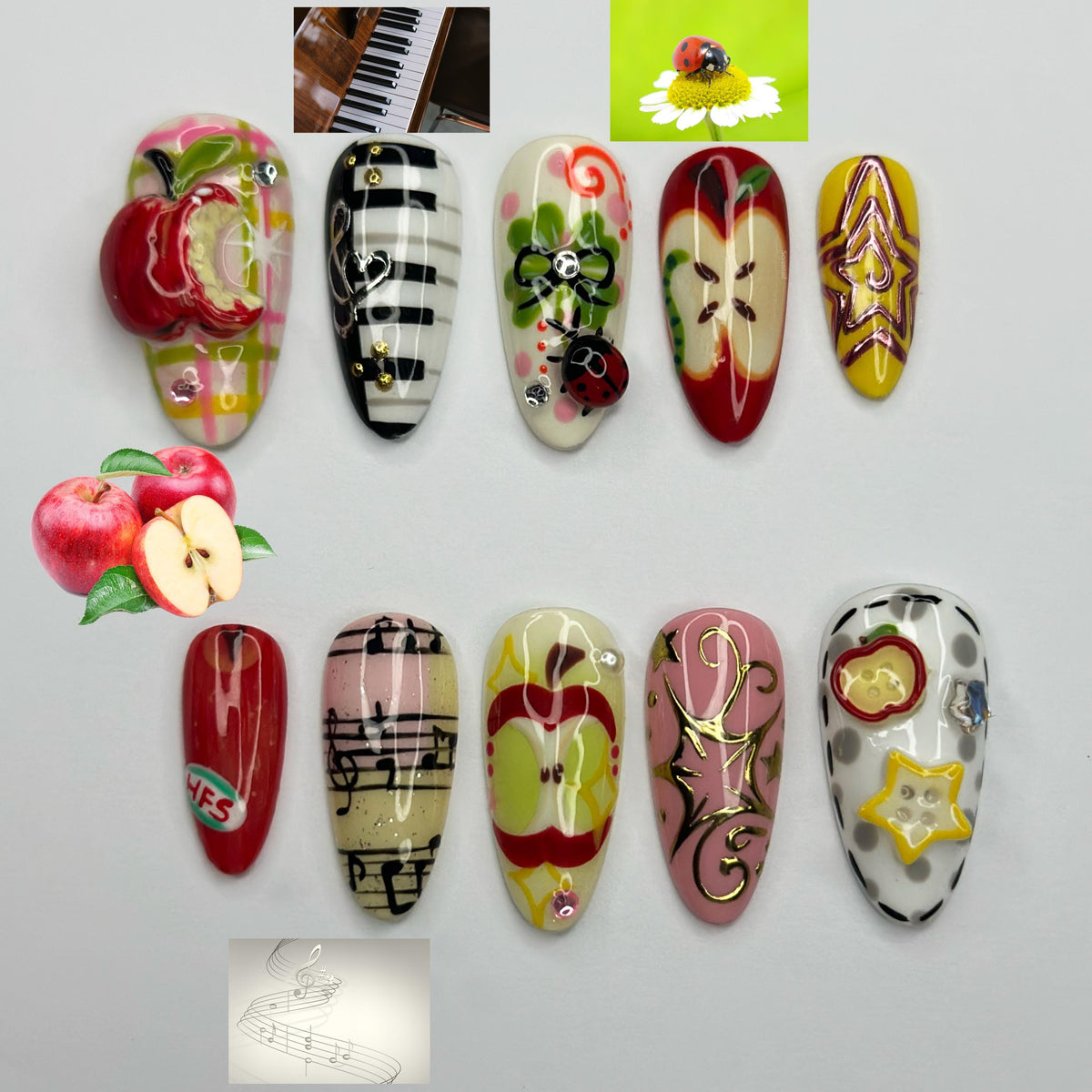 Kawaii Apple Press On Nails | Music Note Nails, Ladybug Clover Nails, Cute Storybook Nail Set, Handmade Gift for Women  JB441L