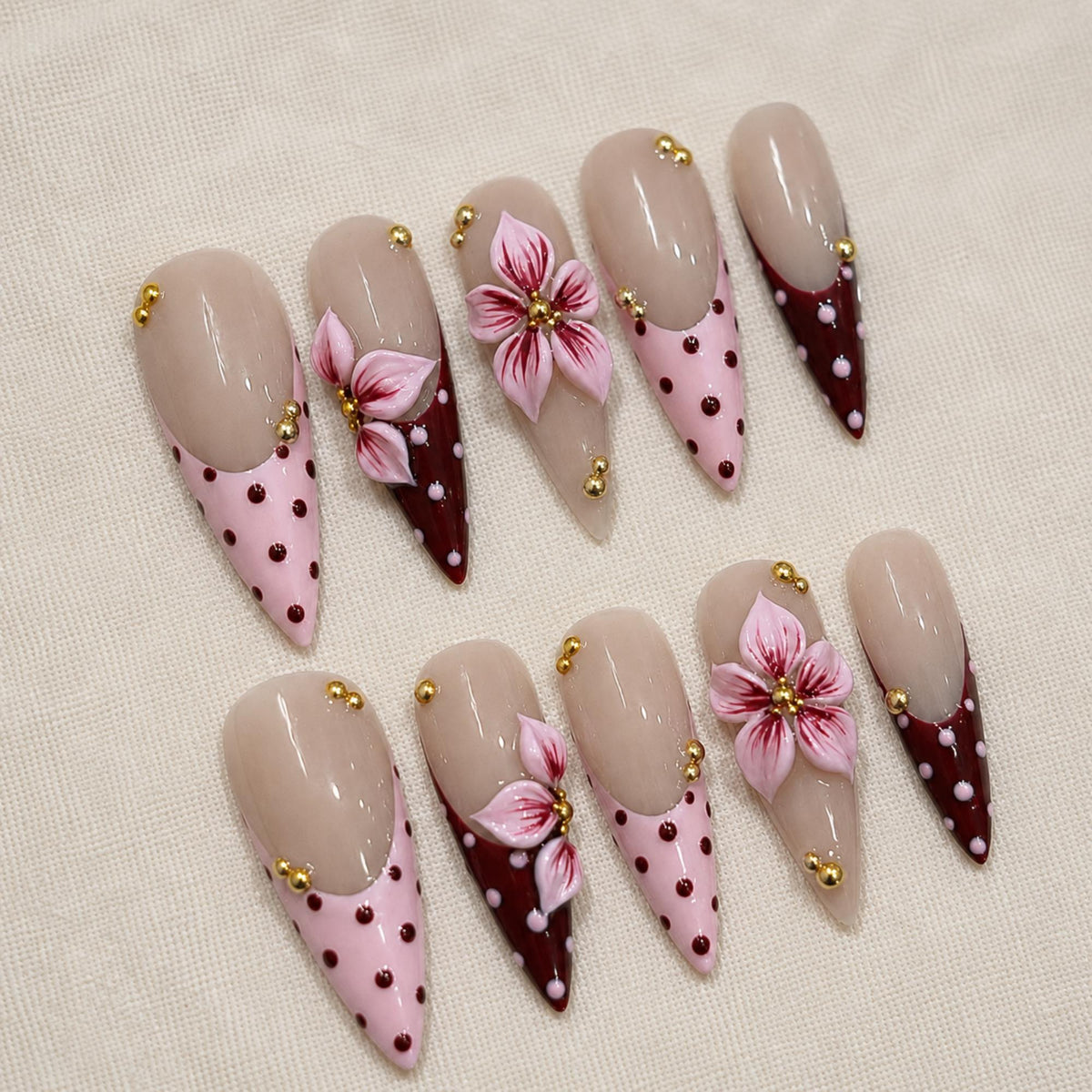 Pink Brown Press On Nails, 3D Floral Coquette Nail Art, Elegant Polka Dot Nails