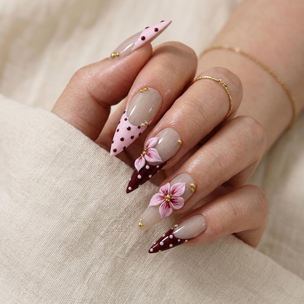 Pink Brown Press On Nails, 3D Floral Coquette Nail Art, Elegant Polka Dot Nails