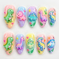 Kawaii Dinosaur Press On Nails | 3D Pastel Dino, Egg & Rhinestone Almond Fake Nails | Cute Rainbow Handmade Gel Manicure