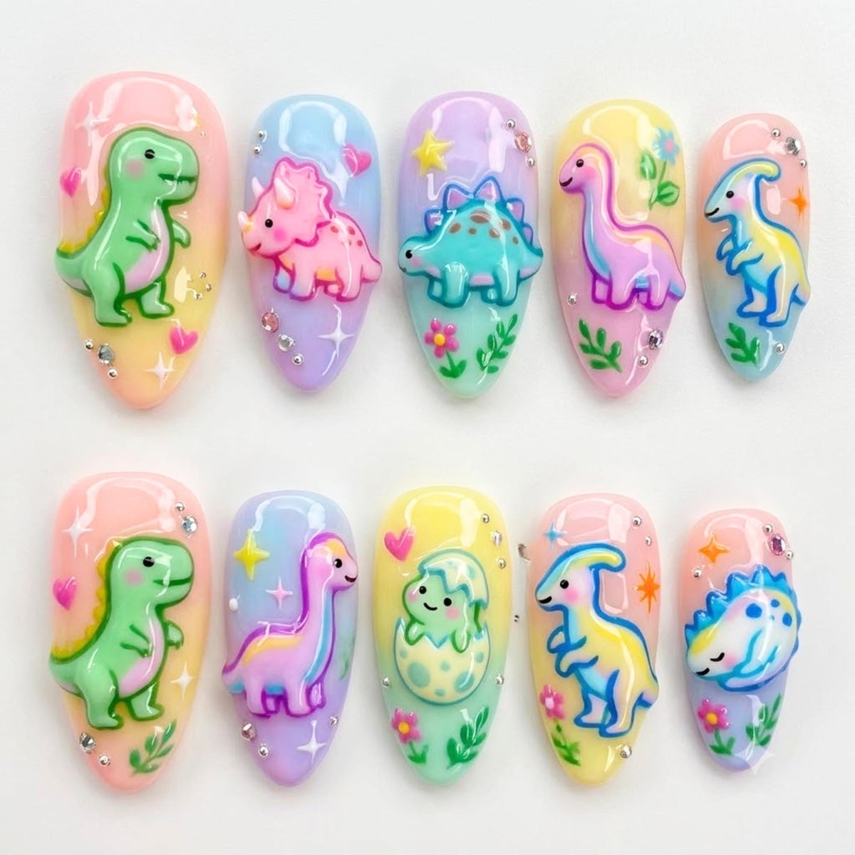 Kawaii Dinosaur Press On Nails | 3D Pastel Dino, Egg & Rhinestone Almond Fake Nails | Cute Rainbow Handmade Gel Manicure