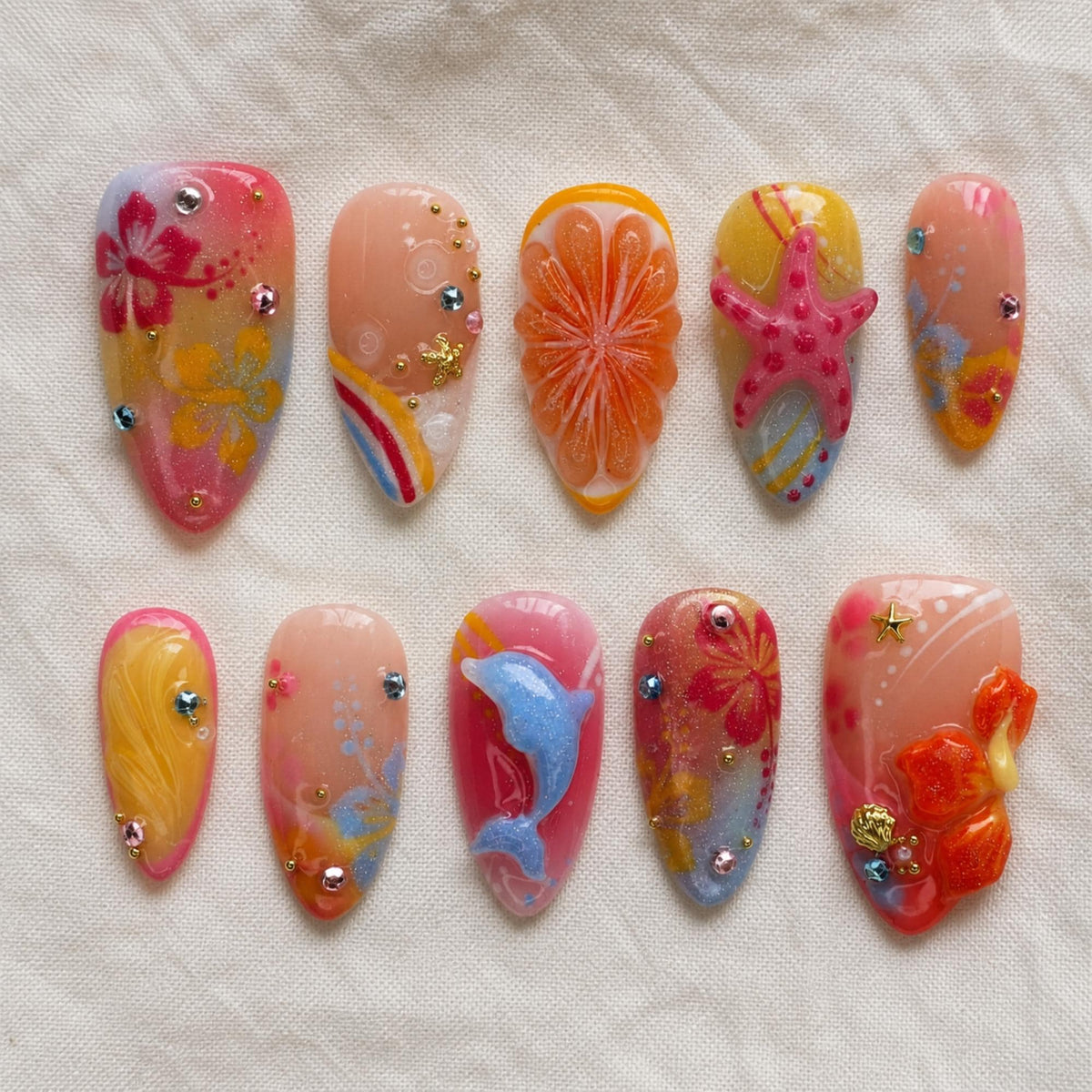 Summer Tropical Press On Nails, Beach Hibiscus Ocean 3D Gel Nails