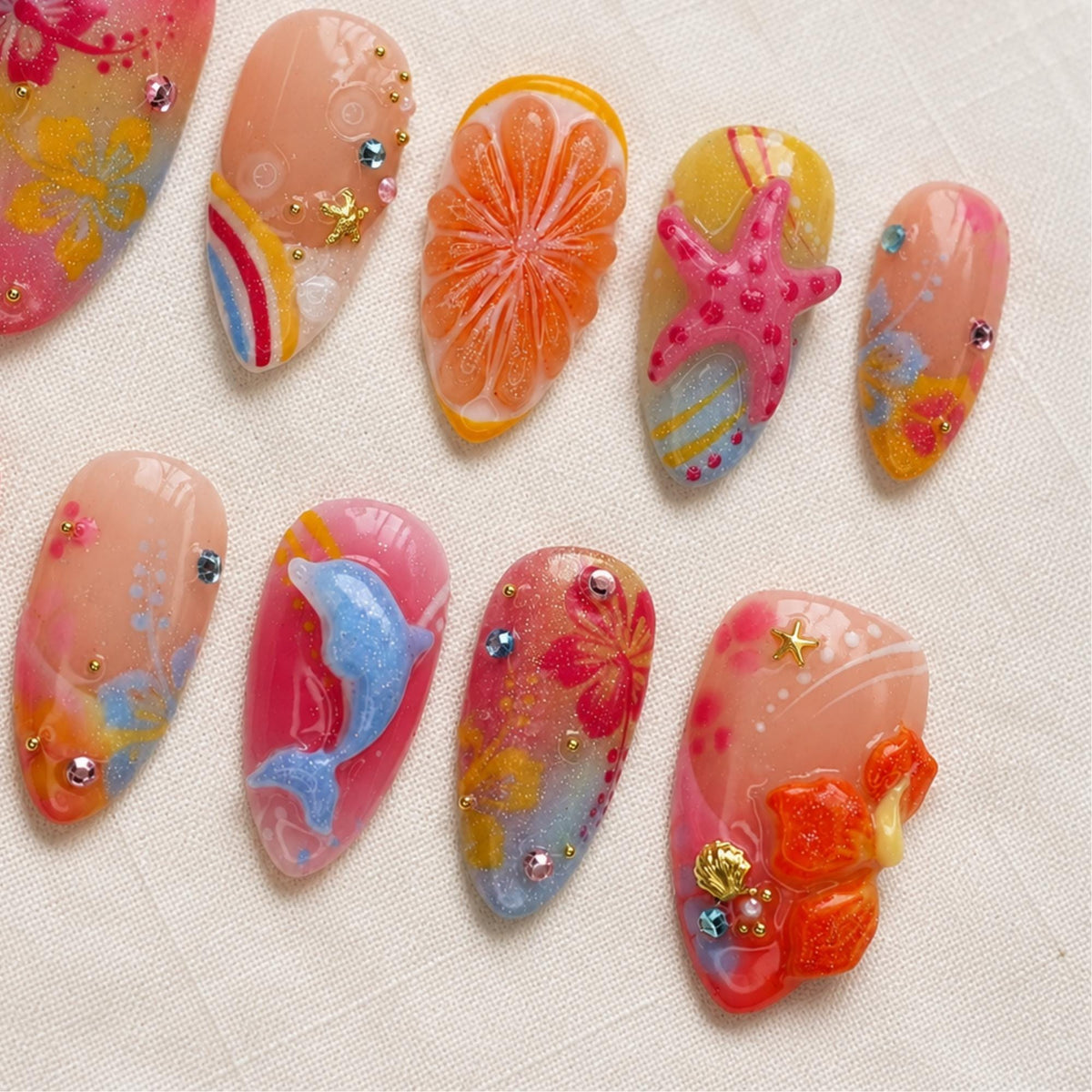 Summer Tropical Press On Nails, Beach Hibiscus Ocean 3D Gel Nails