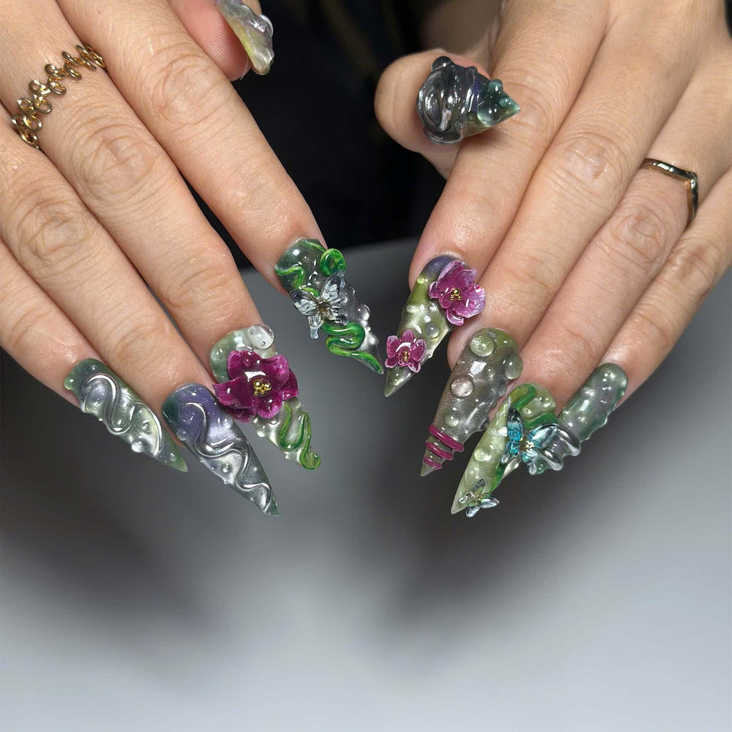3D Snake Butterfly Press On Nails with Emerald Forest Design | Fantasy Botanical Nail Set | Handmade Nails | JB458JG