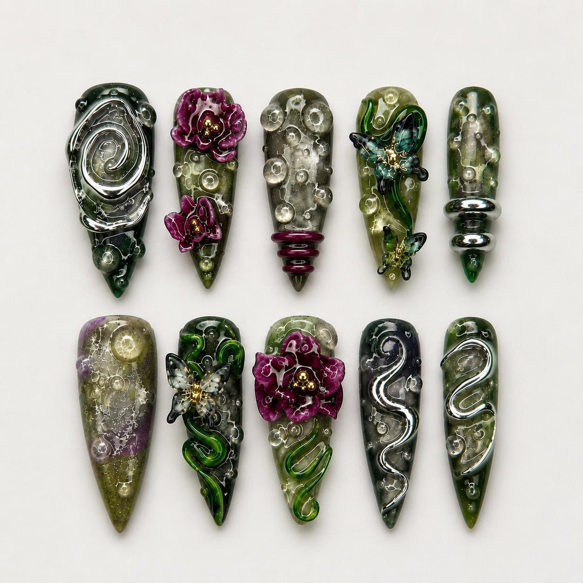 3D Snake Butterfly Press On Nails with Emerald Forest Design | Fantasy Botanical Nail Set | Handmade Nails | JB458JG