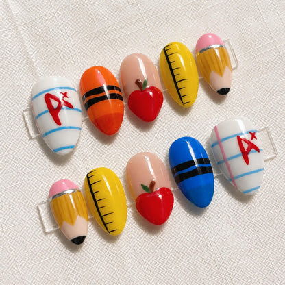Back to School Press On Nails, Teacher Apple Pencil Handmade Nail Set