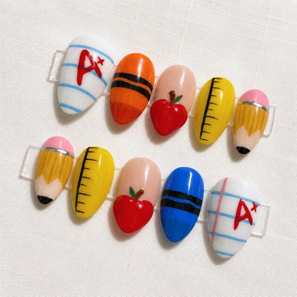 Back to School Press On Nails, Teacher Apple Pencil Handmade Nail Set