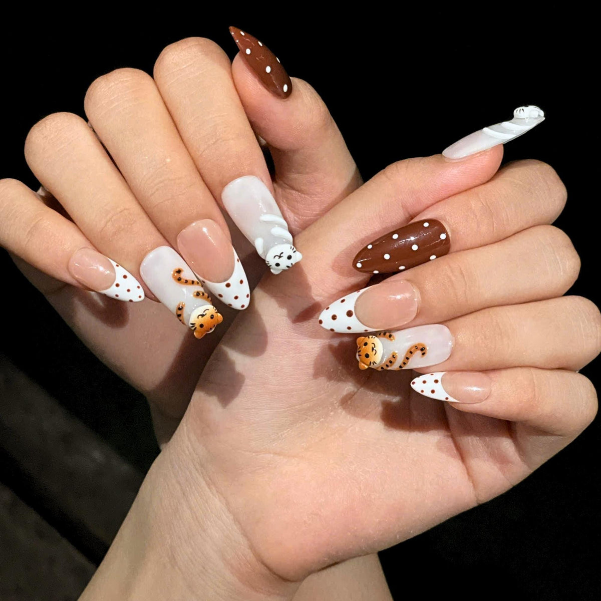 Cute Tiger Press On Nails  |  Kawaii Animal French Tip Nails  |  Brown Neutral Dot Nails  |  Handmade Almond Nail Set  | JB442U