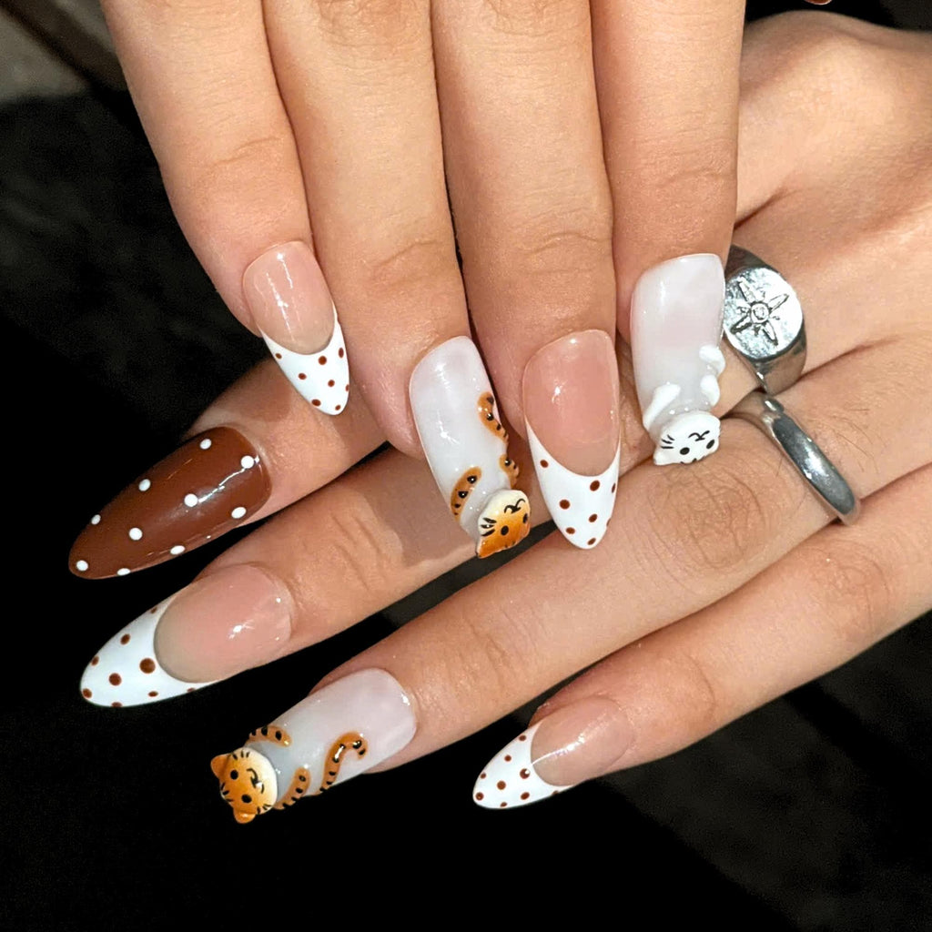 Cute Tiger Press On Nails  |  Kawaii Animal French Tip Nails  |  Brown Neutral Dot Nails  |  Handmade Almond Nail Set  | JB442U
