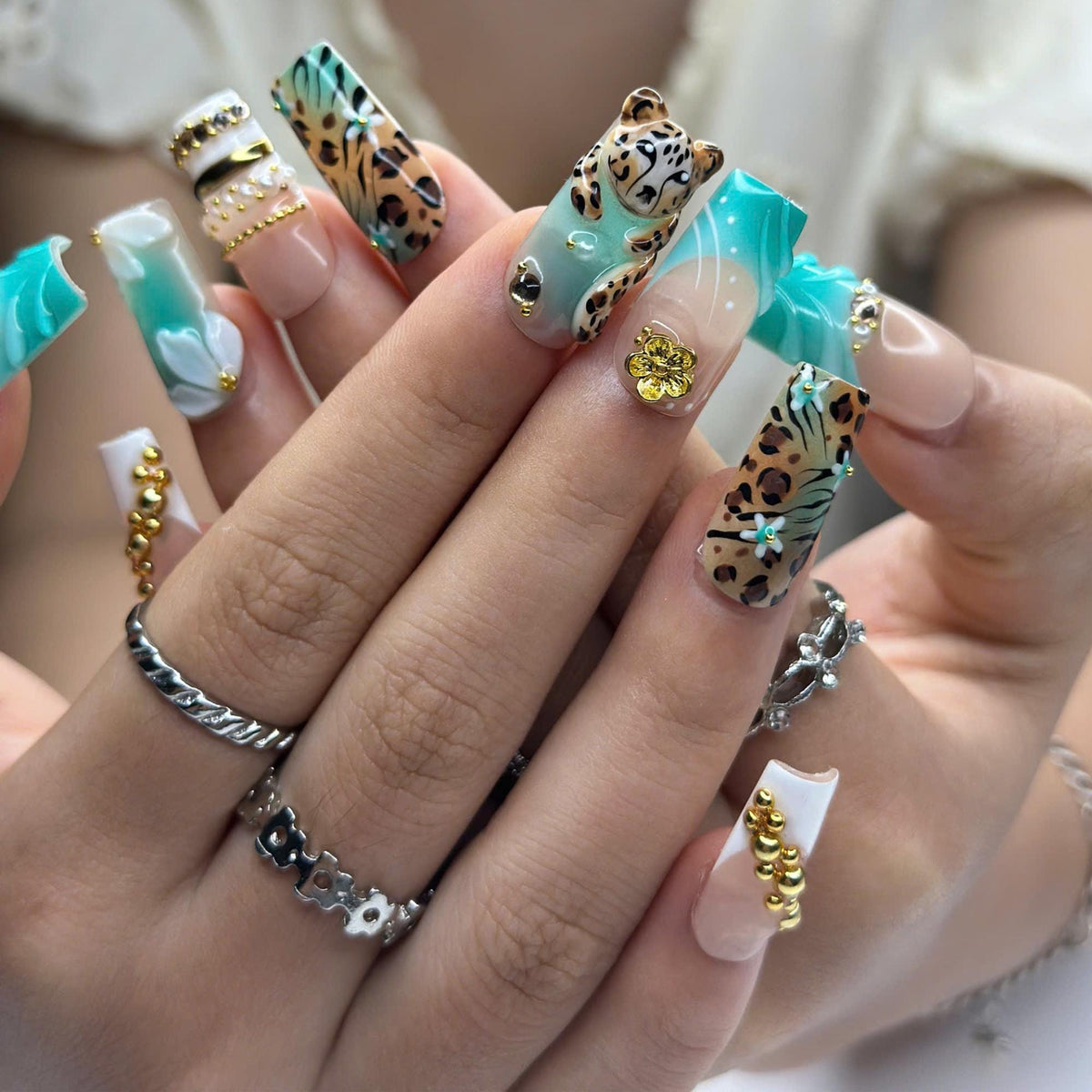 Leopard Print Press On Nails • Nude Teal Animal Print Nail Set Gold • Luxury 3D Cheetah Manicure • Vacation Safari Gift for Her • JB443Z