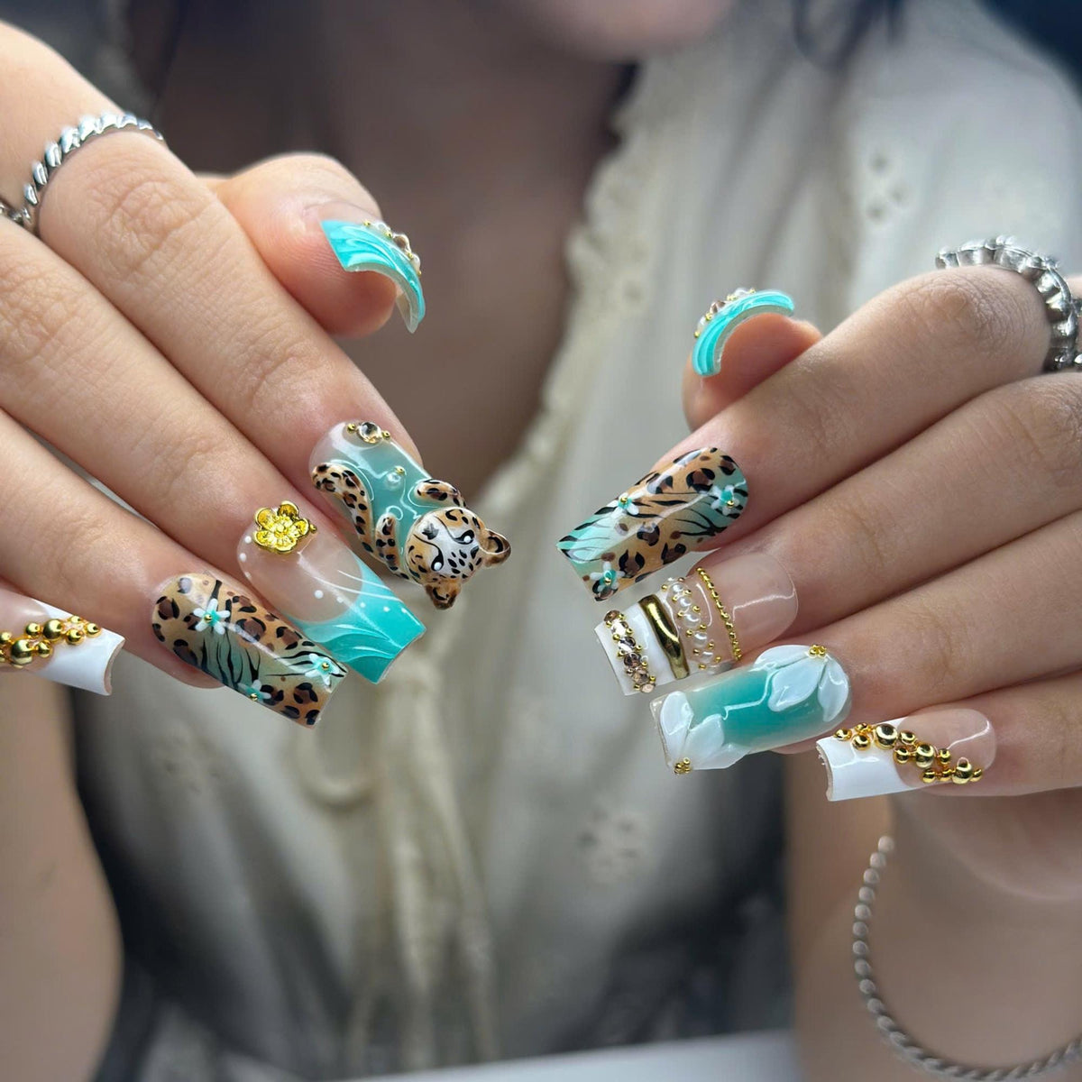 Leopard Print Press On Nails • Nude Teal Animal Print Nail Set Gold • Luxury 3D Cheetah Manicure • Vacation Safari Gift for Her • JB443Z
