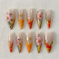 Tropical Press On Nails, 3D Hibiscus Flower Beach Vacation Nail Set