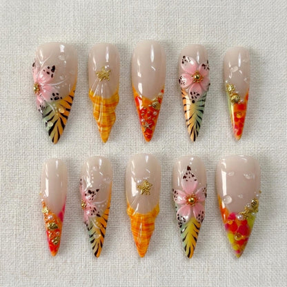 Tropical Press On Nails, 3D Hibiscus Flower Beach Vacation Nail Set