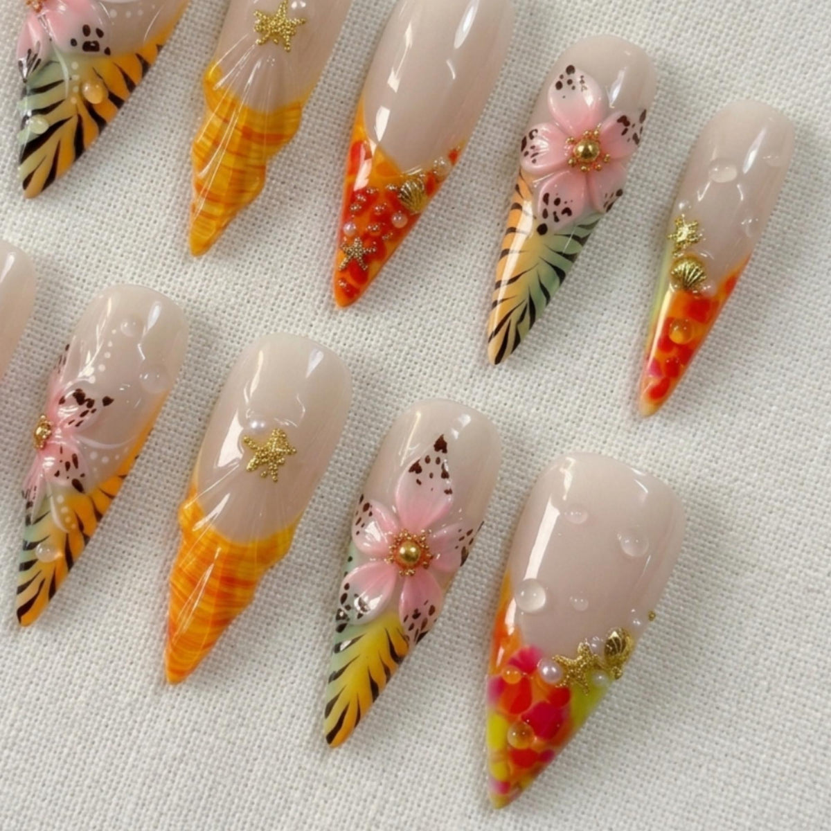 Tropical Press On Nails, 3D Hibiscus Flower Beach Vacation Nail Set