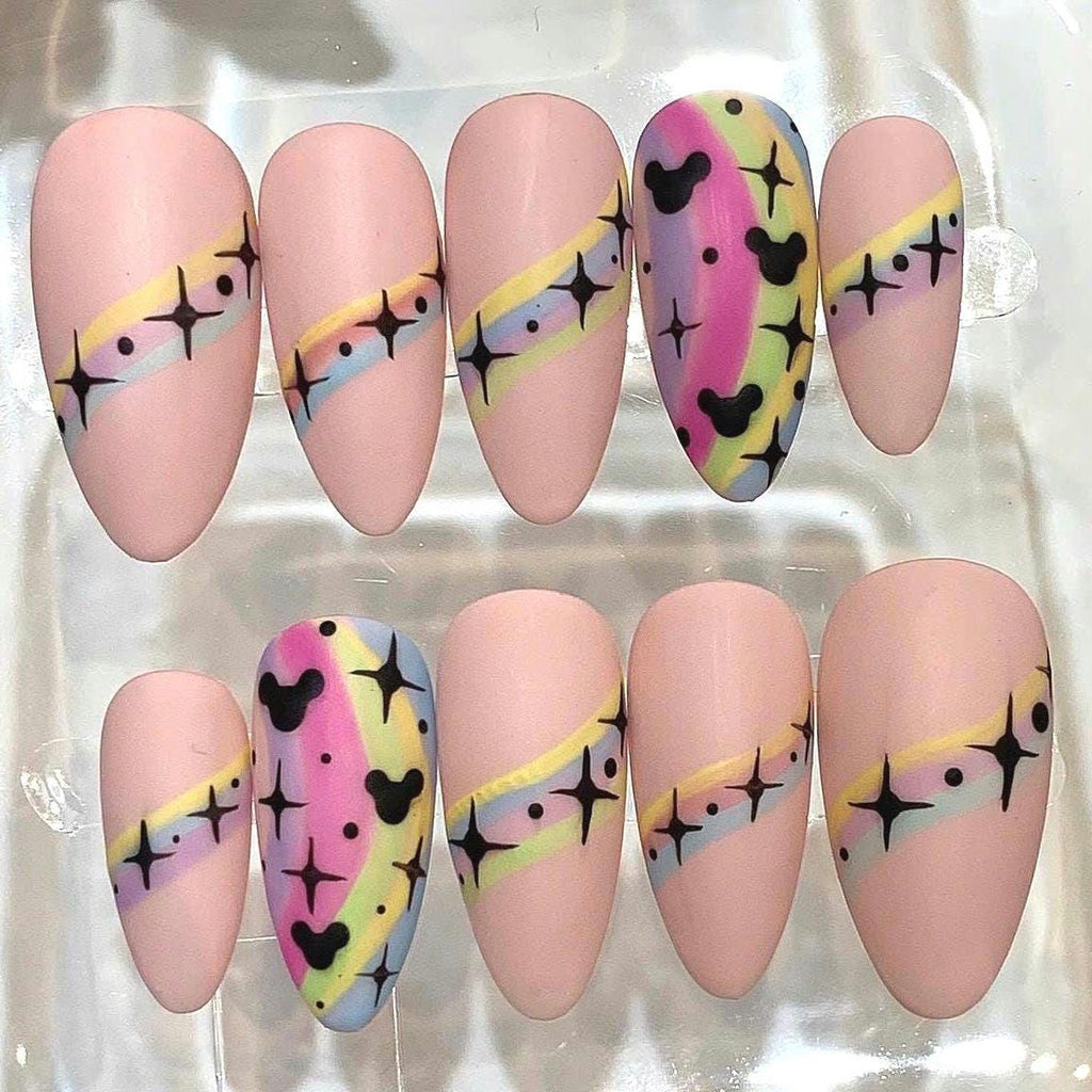 Y2K Pastel Rainbow Star Almond Press On Nails | Retro Pop Set