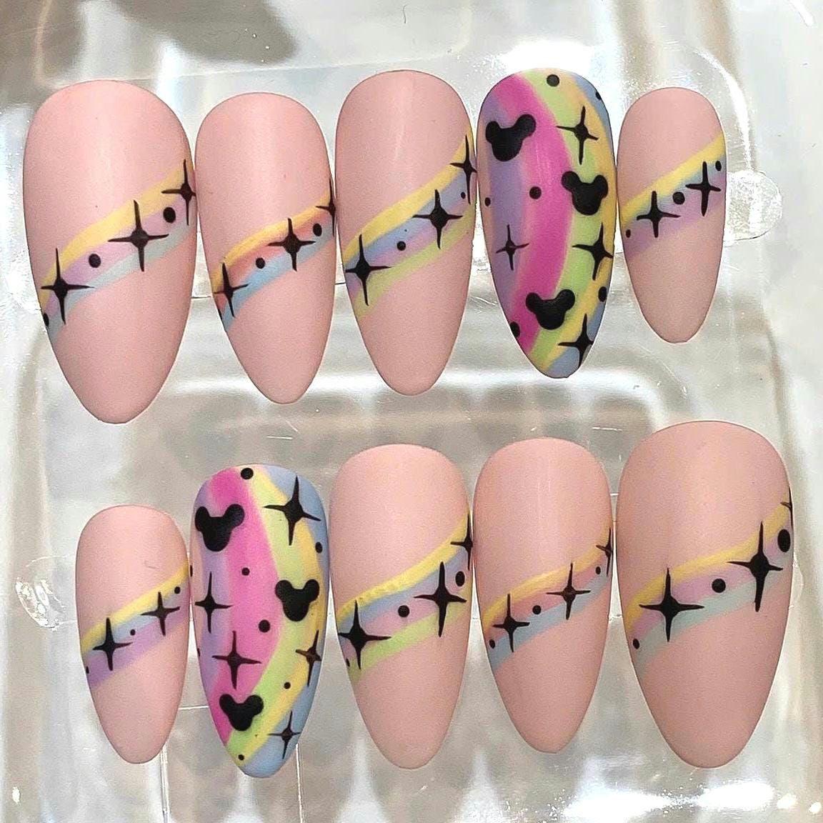 Y2K Pastel Rainbow Star Almond Press On Nails | Retro Pop Set