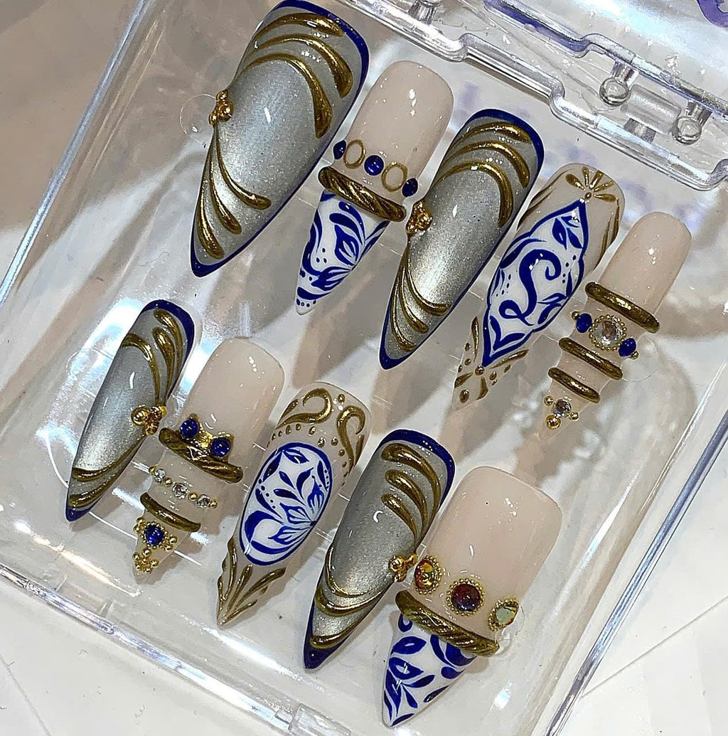 Royal Blue Gold Porcelain Inspired Stiletto Press On Nails, Bridal Wedding Reusable False Nails