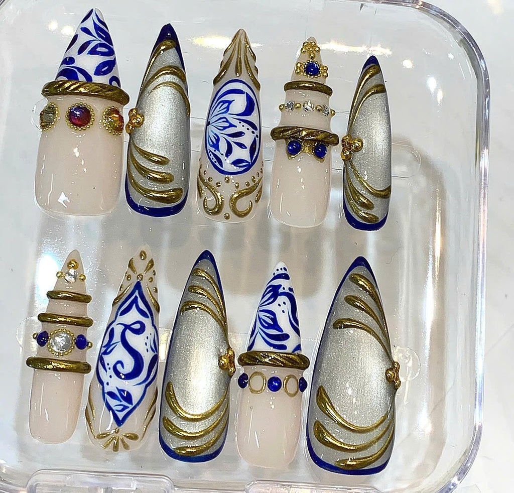 Royal Blue Gold Porcelain Inspired Stiletto Press On Nails, Bridal Wedding Reusable False Nails
