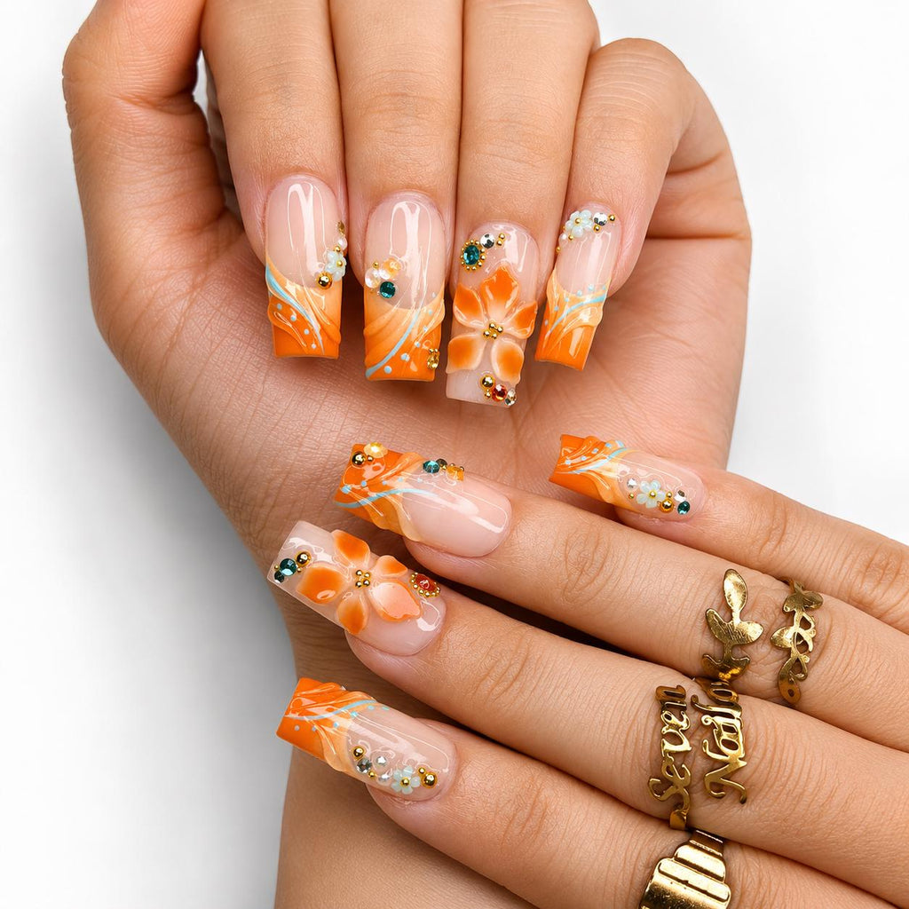 Summer Floral Press On Nails | Orange Flower Beach Nail Set | Tropical Vacation Nails |  JC445J