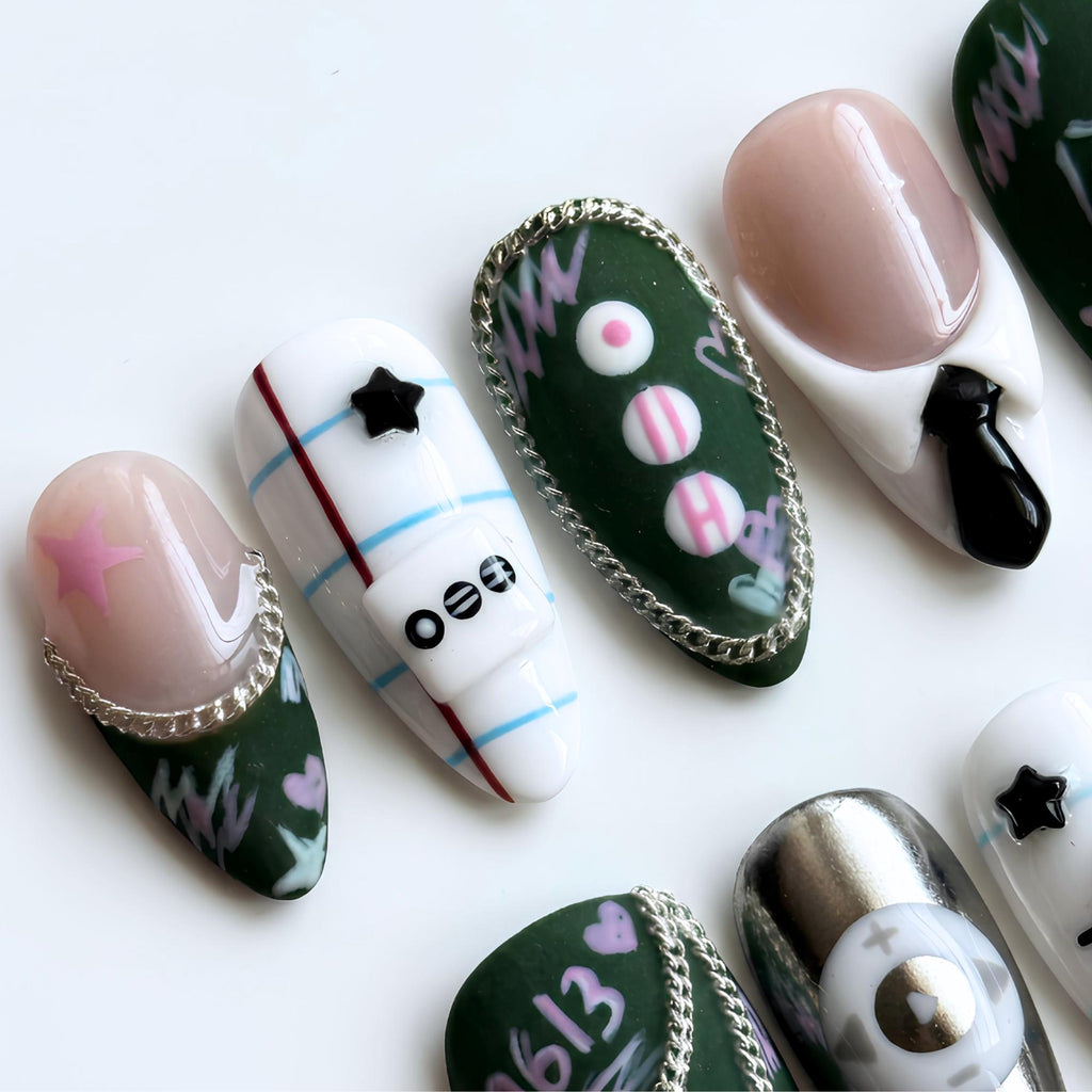 Kpop Concert Press On Nails, Idol Inspired Nail Art, Green Fandom Nails, Handmade Gel Statement Manicure, JC460U