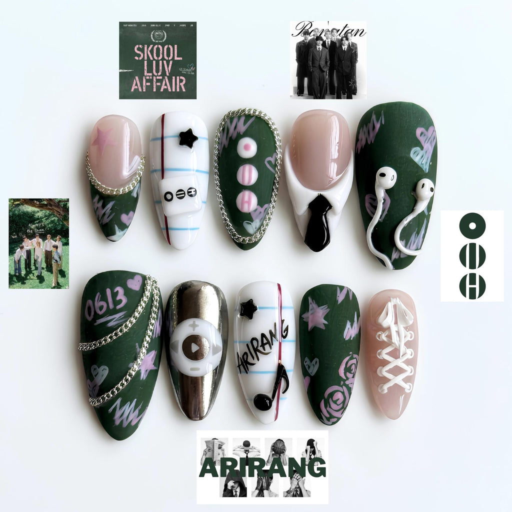 Kpop Concert Press On Nails, Idol Inspired Nail Art, Green Fandom Nails, Handmade Gel Statement Manicure, JC460U