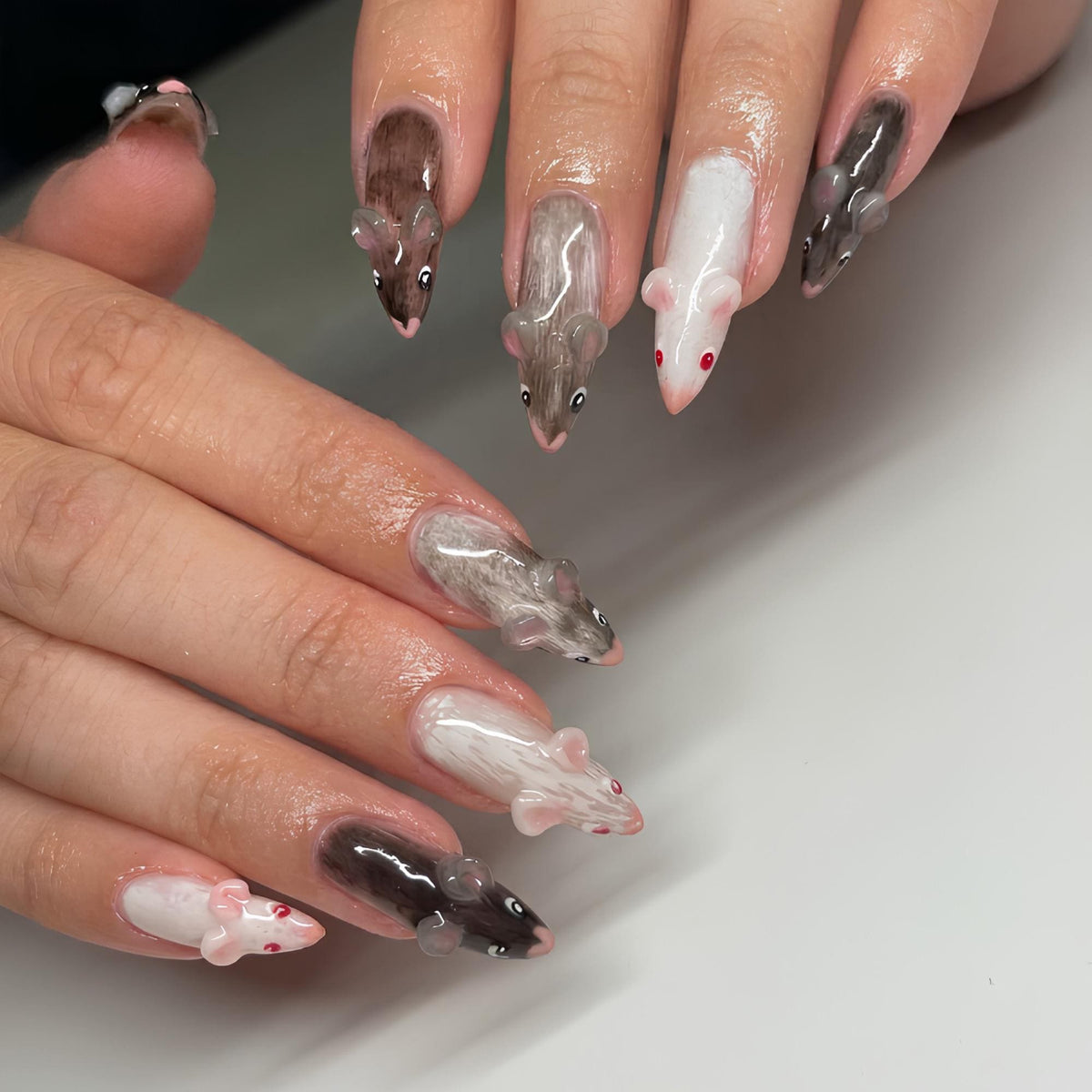 Cute Woodland Animal Press On Nails, Kawaii Forest Nails, Handmade 3D Animal Nail Set, Glossy Black White Nails, JB461UC