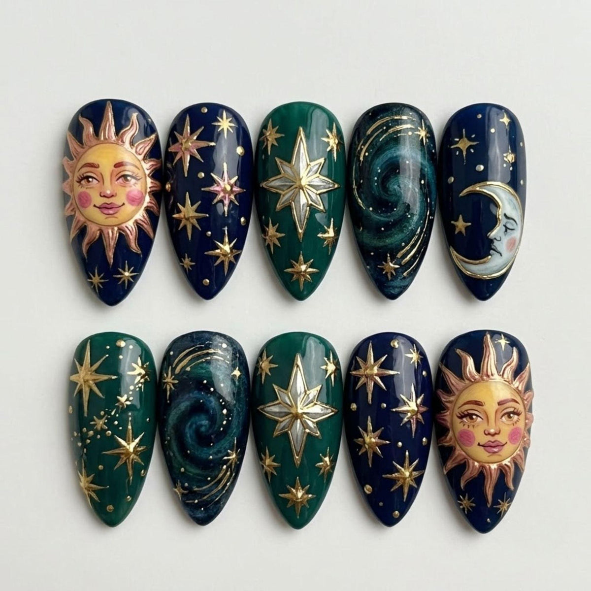Celestial Sun Moon Press On Nails | Vintage Astrology Inspired | Gold Navy Almond Nails | Star Galaxy Nail | Hand Painted Magic Nail Art