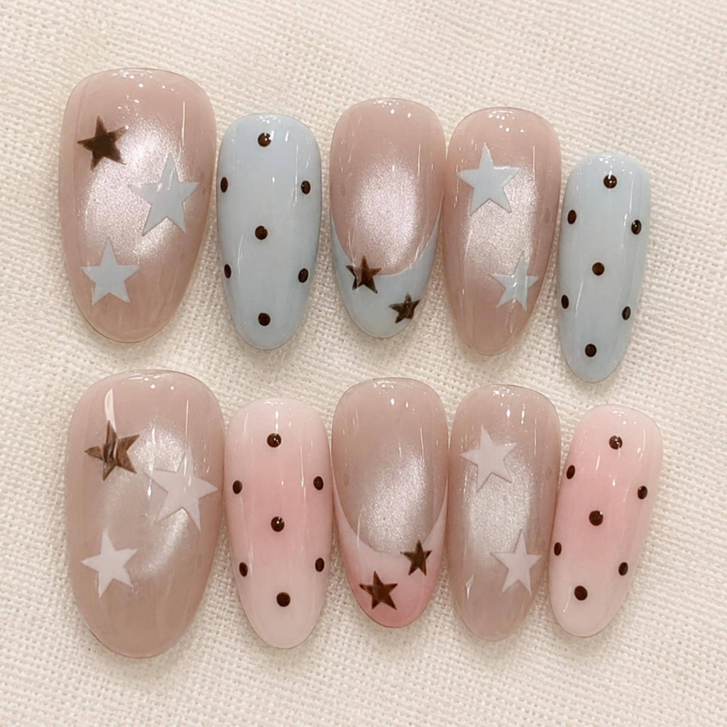 Kawaii Star Press On Nails, Blue Pink Polka Dot Nails,  Pastel Jelly Nail Art