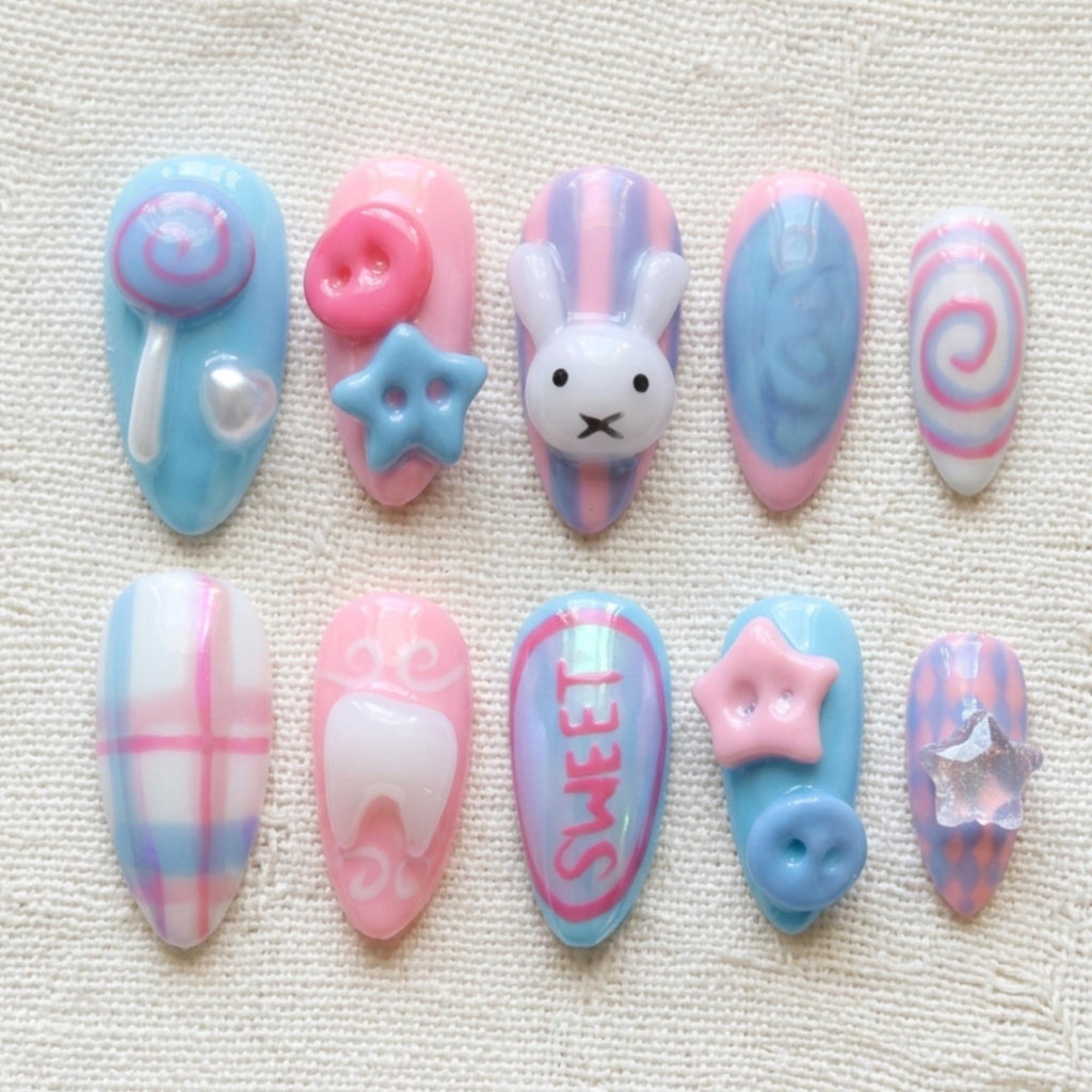 Kawaii Bunny Press On Nails, Pastel Sweet 3D Candy Nail Set