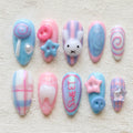Kawaii Bunny Press On Nails, Pastel Sweet 3D Candy Nail Set