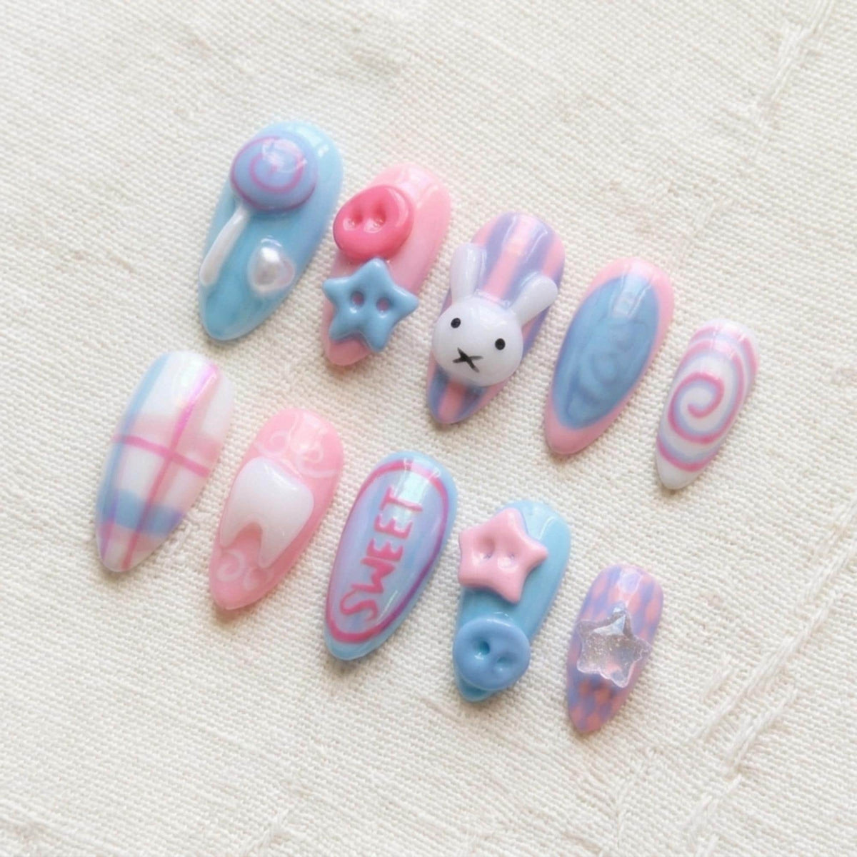 Kawaii Bunny Press On Nails, Pastel Sweet 3D Candy Nail Set