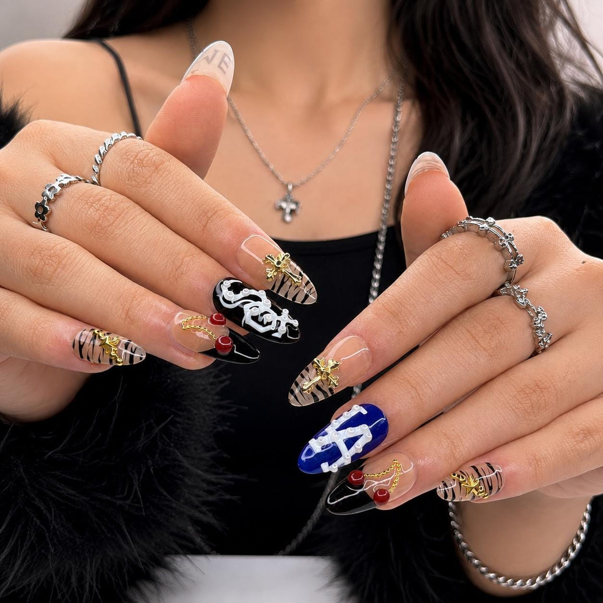 Y2K Graphic Press On Nails | Cherry Cross Letter Nail Set | Edgy Black White Statement Nails | Street Style Handmade Set | JB447J