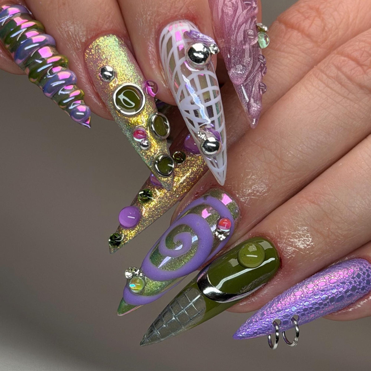 Purple Futuristic Press On Nails, Chrome Y2K Cyber Nail Set,  Alien Abstract Nails