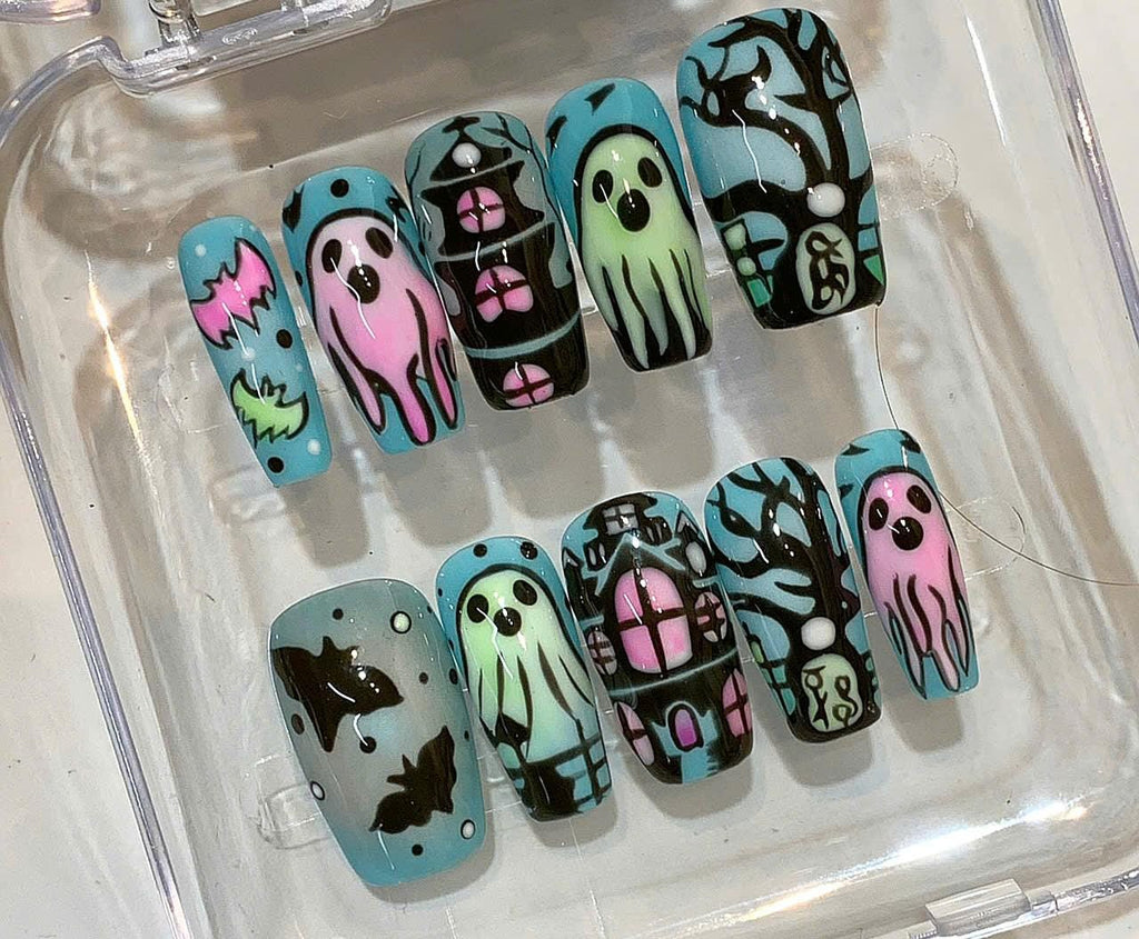 Halloween Ghost Press On Nails – Haunted House & Bat Nail Art – Spooky Handmade False Nails