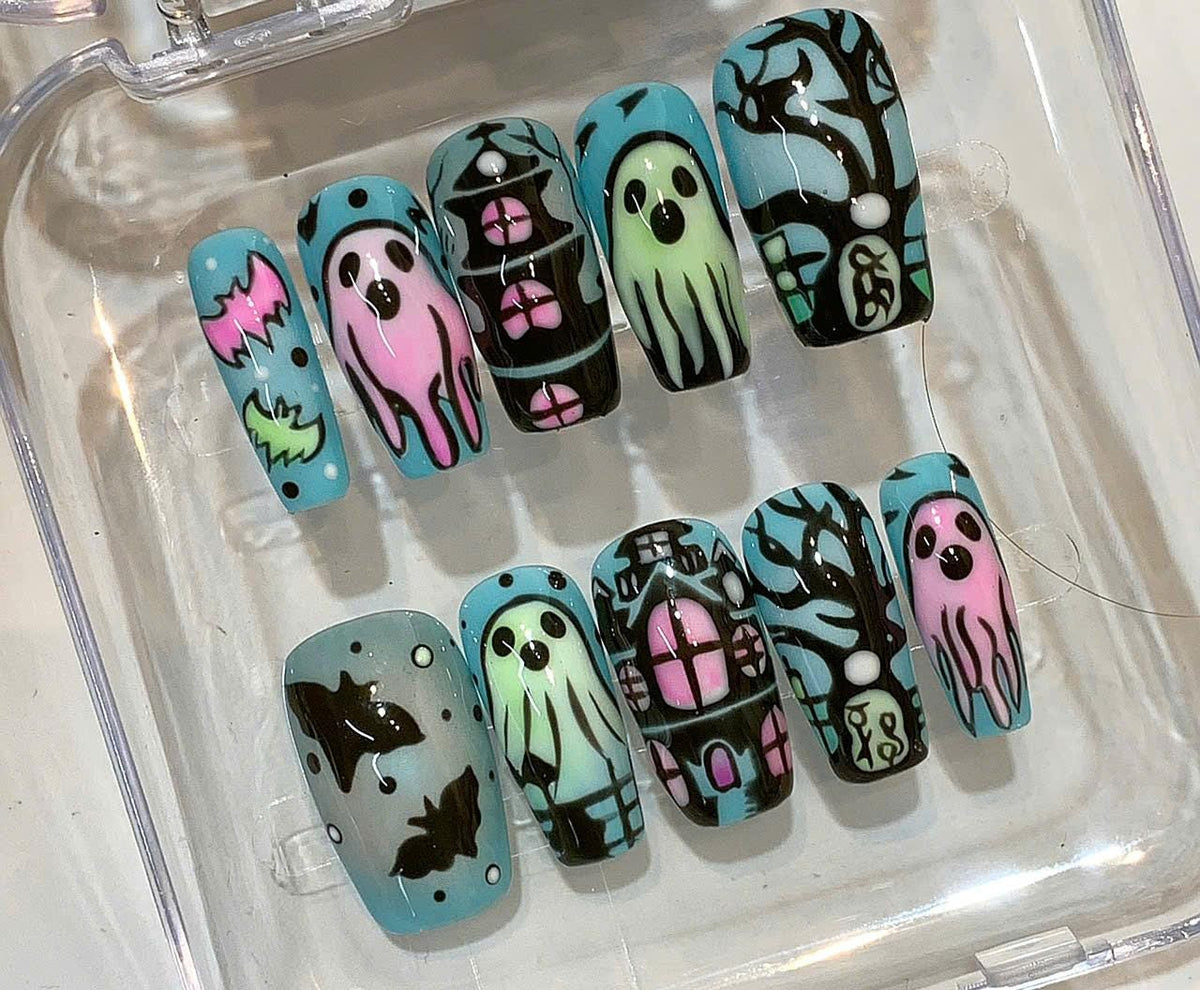 Halloween Ghost Press On Nails – Haunted House & Bat Nail Art – Spooky Handmade False Nails