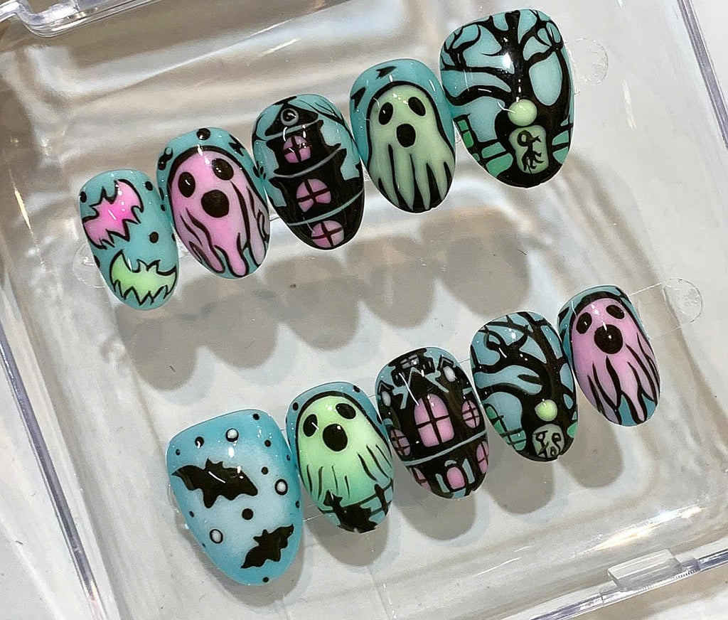 Halloween Ghost Press On Nails – Haunted House & Bat Nail Art – Spooky Handmade False Nails