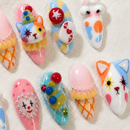 3D Kawaii Circus Press On Nails, Pastel Cat Carnival Nail Art