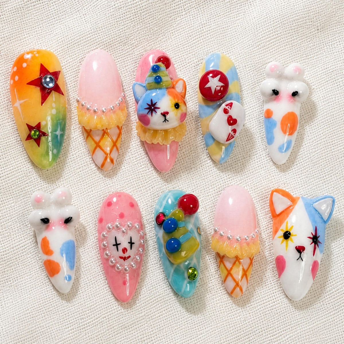 3D Kawaii Circus Press On Nails, Pastel Cat Carnival Nail Art